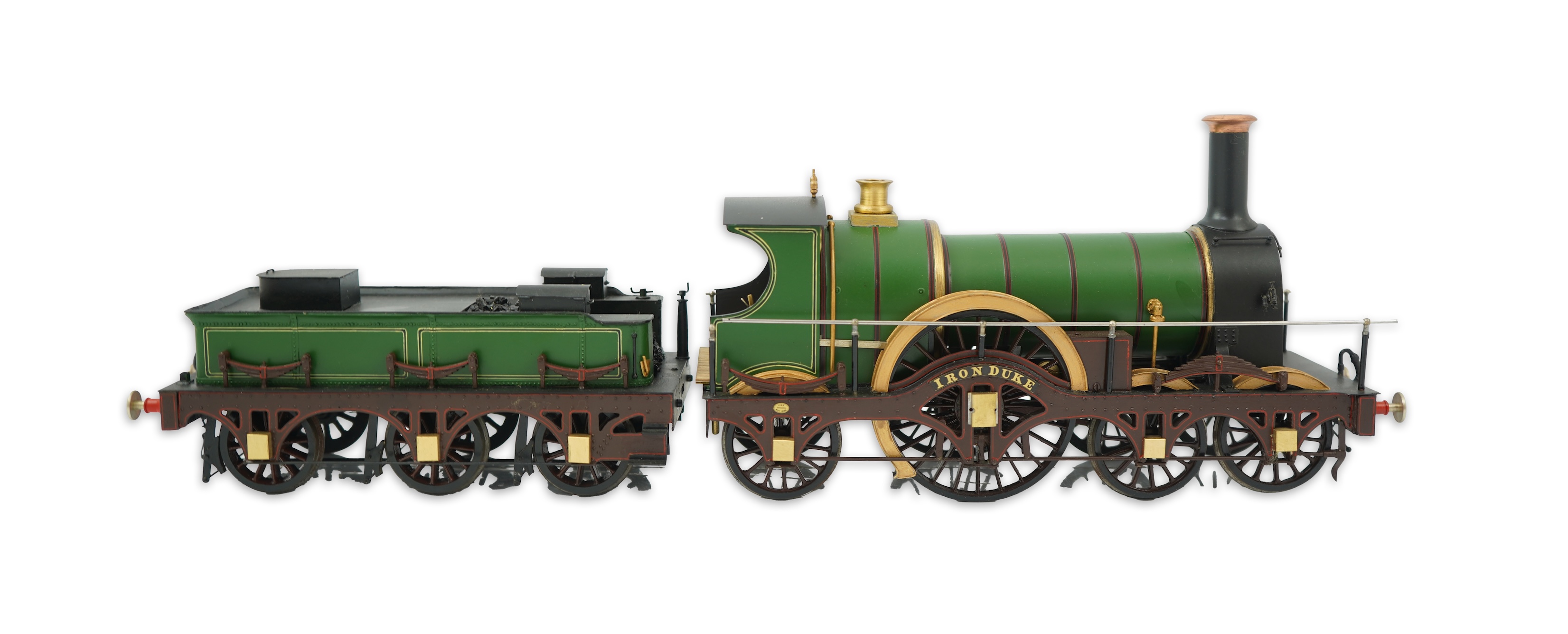 A ‘Gauge One’ kit/scratch built model of GWR broad gauge 4-2-2 tender locomotive Iron Duke scaled to run on 70mm track, unpowered and with a good level of detailing including the valve gear between the frames.